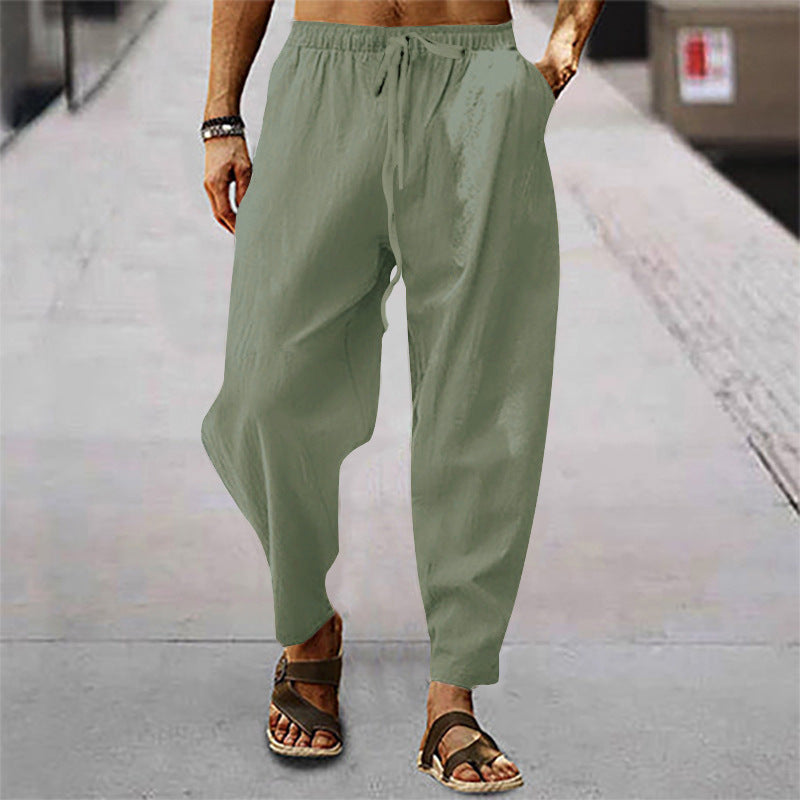 Herren nan entspannte Harem-Loungehose aus Leinenmix mit weitem Bein, elastischem Bund, Kordelzug und seitlichen Eingrifftaschen Drune