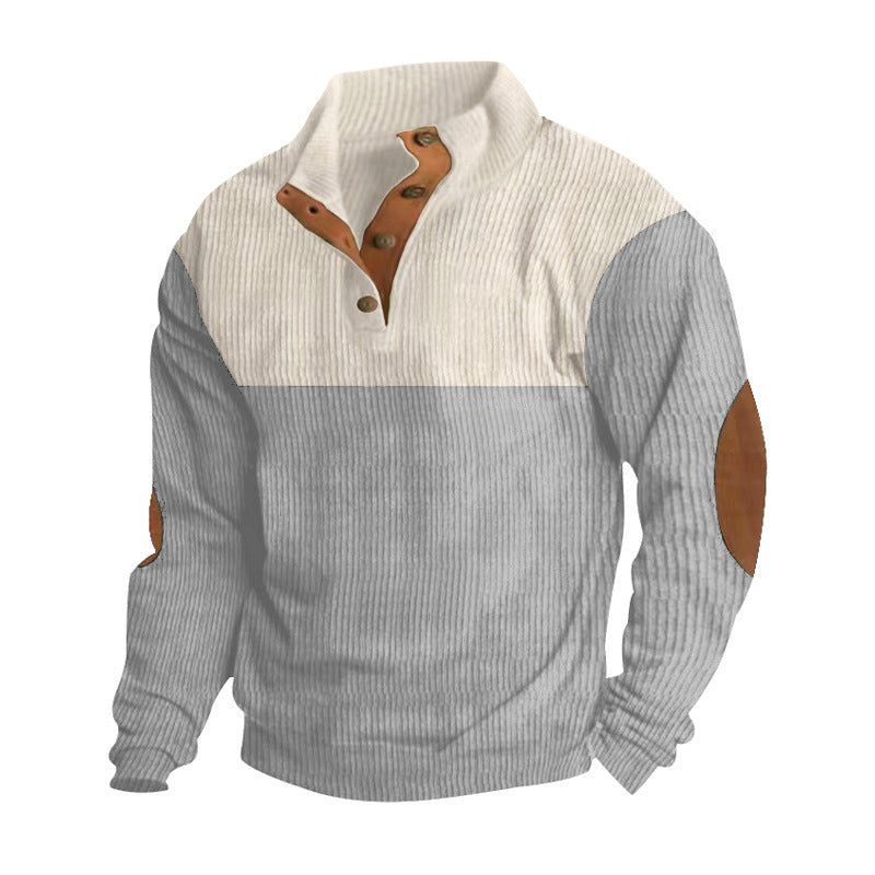 Herren nan rustikaler gerippter Pullover mit Henley-Kragen und lederartigen Ellbogenbesätzen Drune