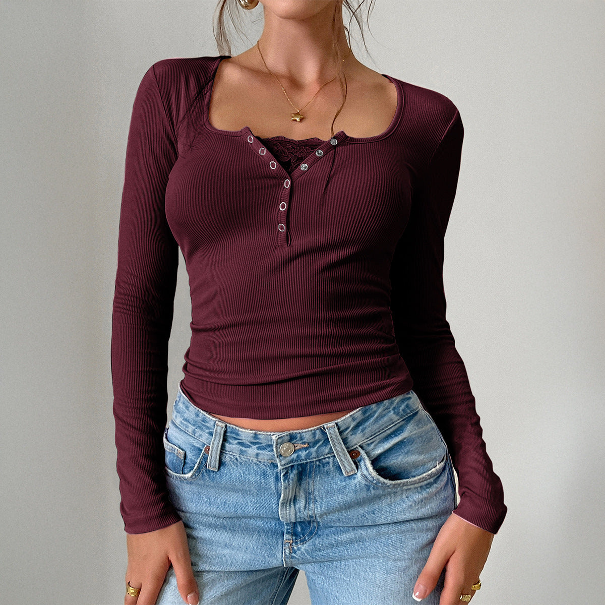 Damen Langarmshirt mit Knopfleiste und Rippstruktur