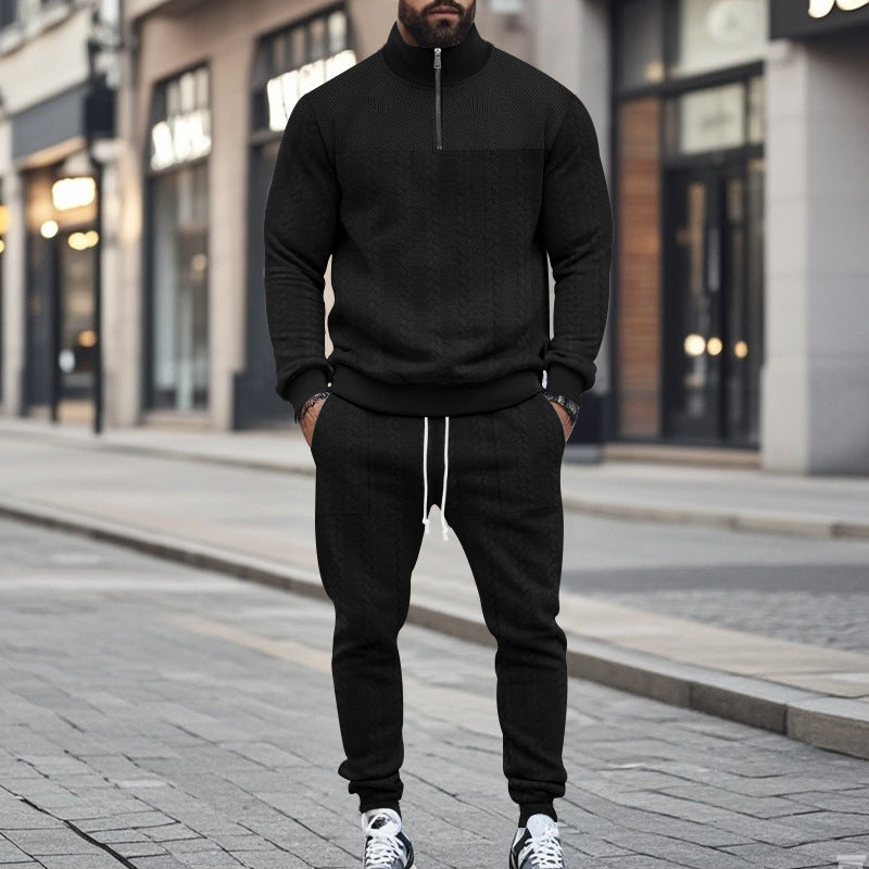 Herren nan Strick-Trainingsset mit halbem Reißverschluss, Zopfmuster-Pulli und Kordelzug-Jogger Drune