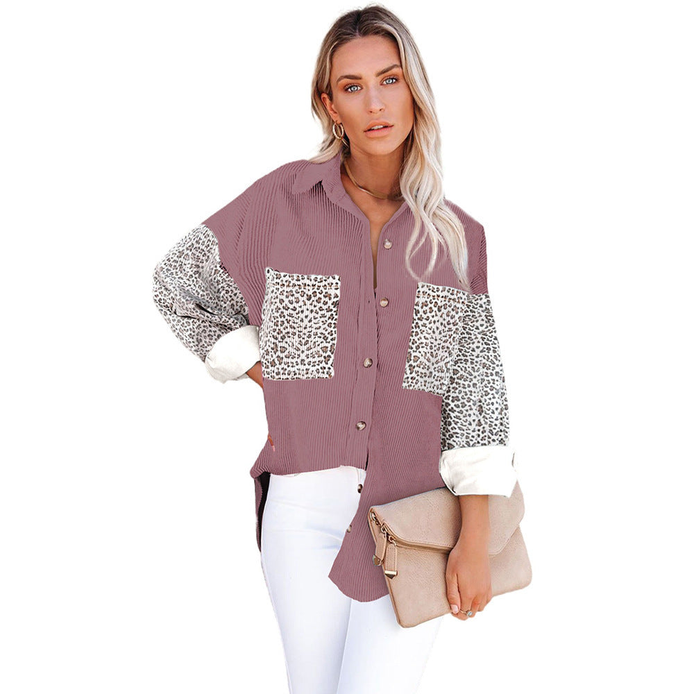 Damen nan oversized Hemdbluse mit Strukturstoff, Kontrastärmeln im Leo-Print und aufgesetzten Taschen Drune