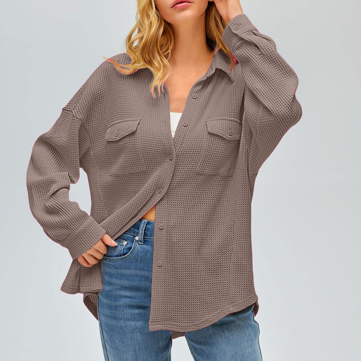 Damen nan oversized Waffelstrick Hemdjacke mit Brusttaschen und Knopfleiste Drune