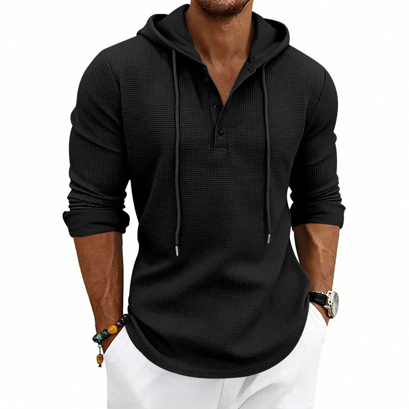 Herren nan lässiges Waffelstrick-Henley Kapuzenpullover mit Knopfleiste Drune