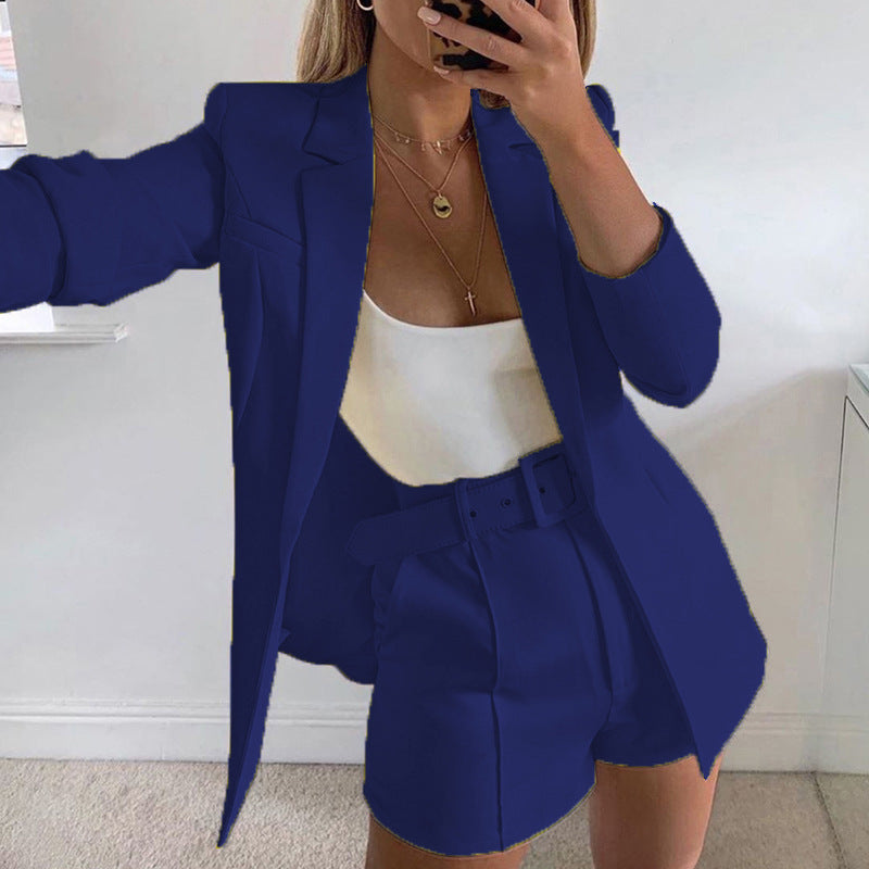 Damen nan tailliertes Longblazer-Shorts Set mit betonter Schulterpartie, hoher Taille und breitem Gürtel Drune