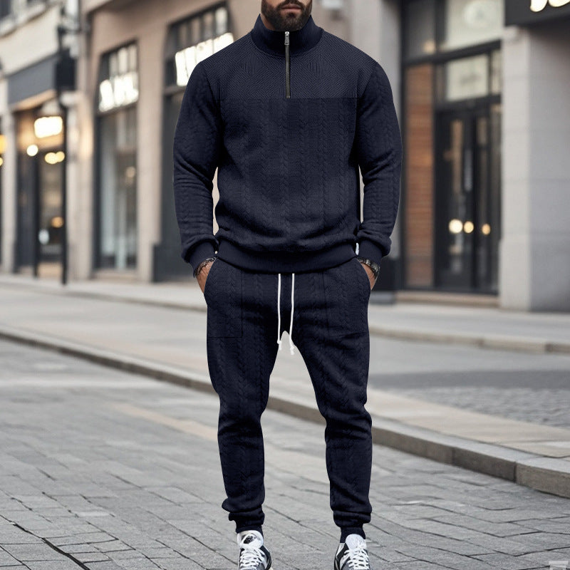 Herren nan Strick-Trainingsset mit halbem Reißverschluss, Zopfmuster-Pulli und Kordelzug-Jogger Drune