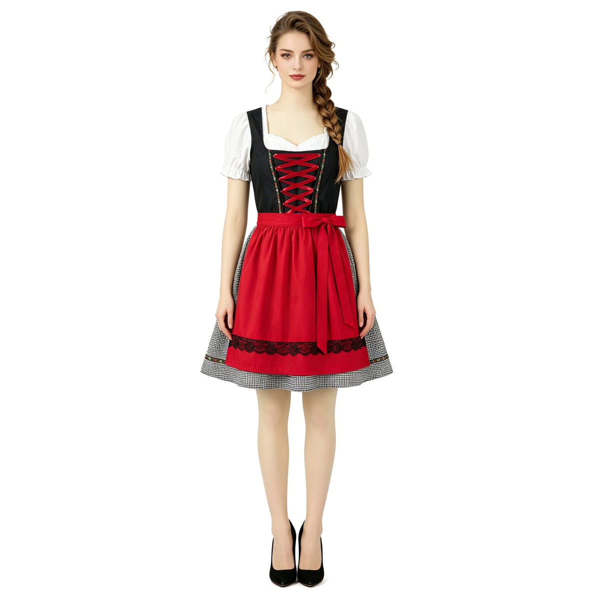 Damen nan kurzes traditionelles Dirndlkleid mit geschnürtem Mieder, Puffärmel-Bluse und aufgesetzter Schürze Drune