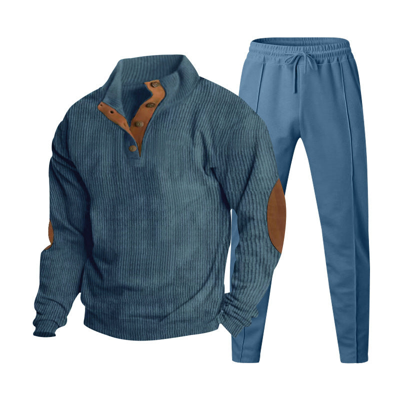 Herren nan strukturiertes Strick-Loungewear-Set mit halber Knopfleiste, kontrastreichen Ellbogenpatches und elastischem Tunnelzug-Jogger Drune