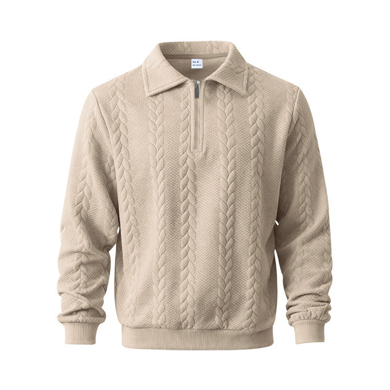 Herren nan strukturierter Strickpullover mit halbem Reißverschluss, Polokragen und Zopfmuster Drune
