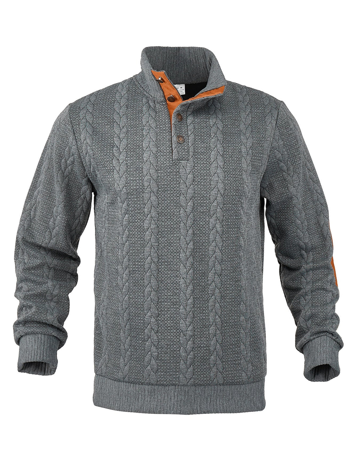 Herren nan Zopfmuster-Pullover mit Stehkragen, halber Knopfleiste und Ellbogenpatches Drune