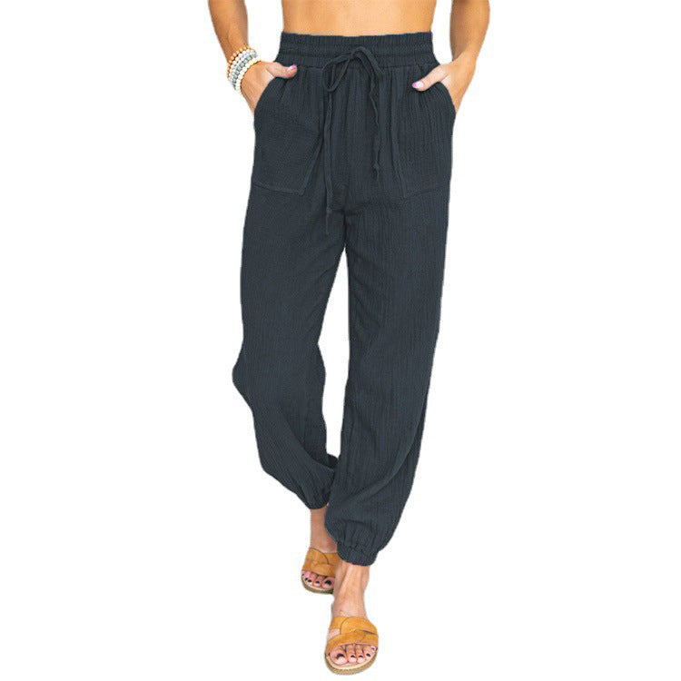 Damen nan leichte Leinenoptik Freizeit-Hose mit hohem elastischem Bund, Kordelzug, aufgesetzten Taschen und elastischen Knöchelbündchen Drune