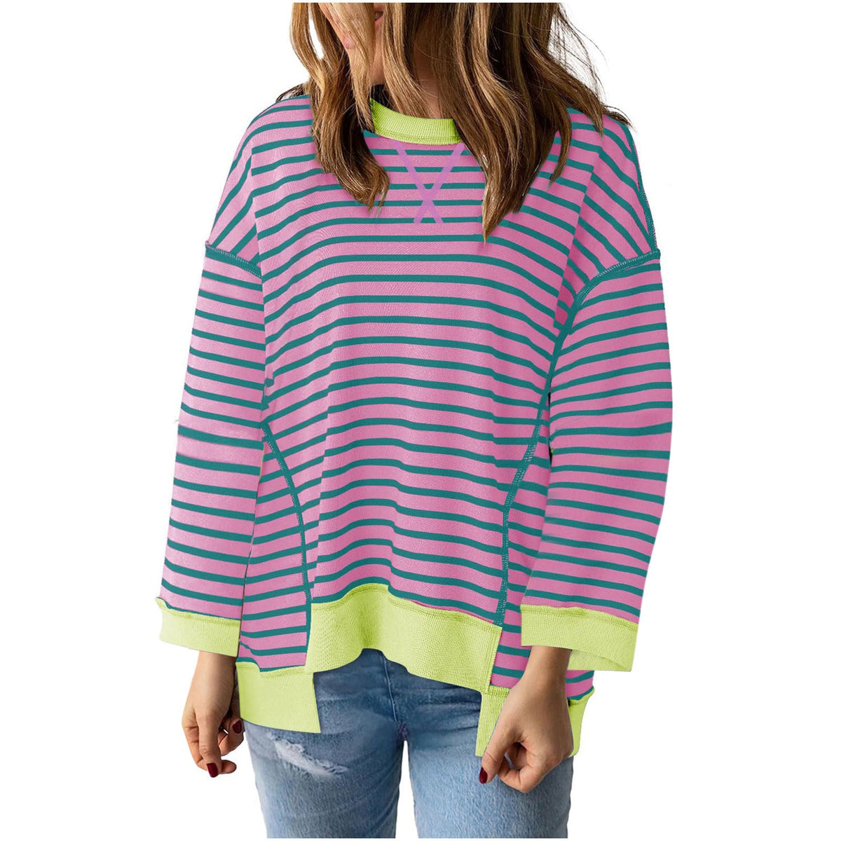 Damen nan oversized gestreifter Sweatshirtpullover mit kontrastsaum, überschnittener Schulter und seitlichen Schlitzen Drune