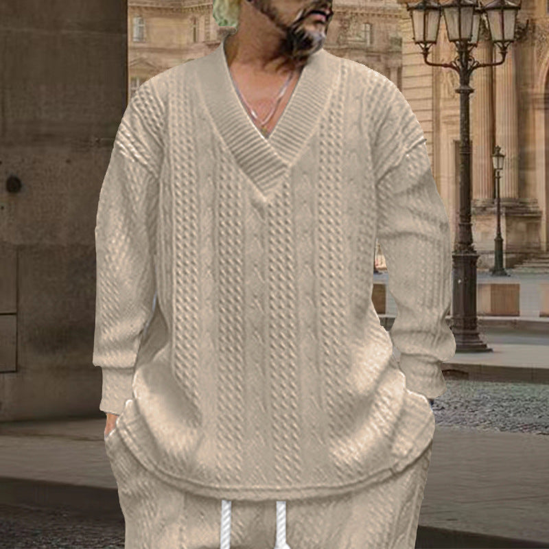Herren nan grob gestrickter V-Ausschnitt-Pullover mit Zopfmuster und relaxed Fit Drune