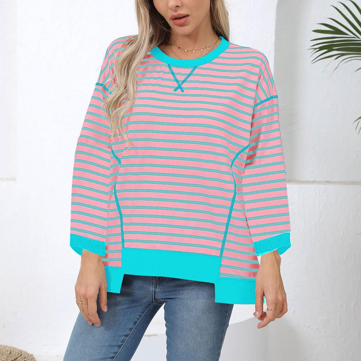 Damen nan oversized gestreifter Sweatshirtpullover mit kontrastsaum, überschnittener Schulter und seitlichen Schlitzen Drune