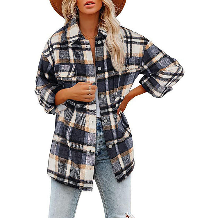 Damen nan karierte Overshirtjacke mit Brusttaschen und lockerer Passform Drune