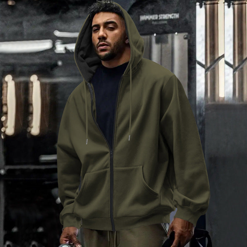 Herren nan oversized Zip-Hoodie mit durchgehendem Reißverschluss, Kängurutasche und gerippten Bündchen Drune