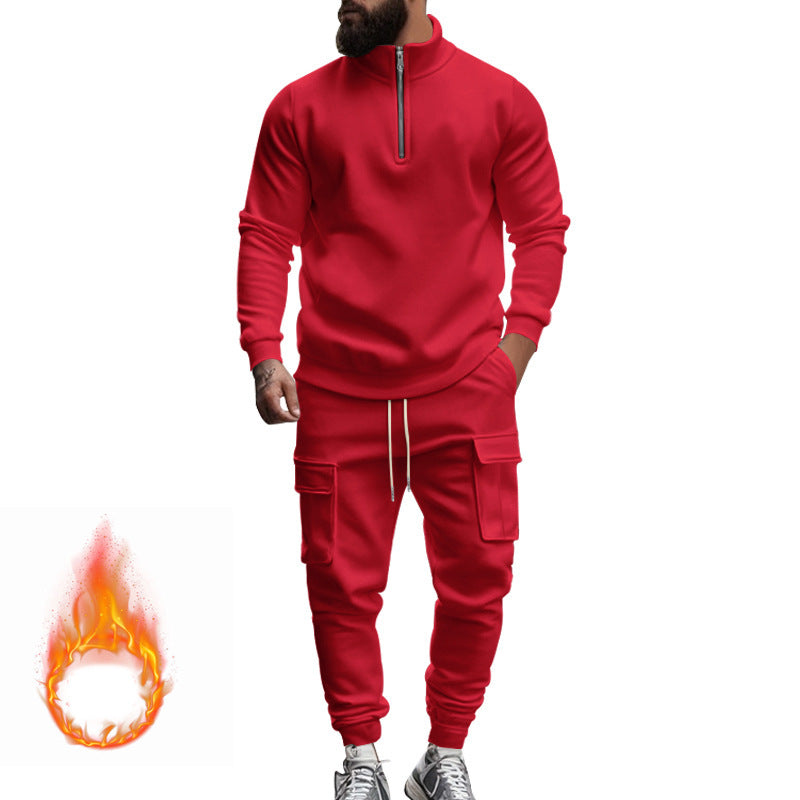 Herren nan Strick-Trainingsset mit halbem Reißverschluss, Zopfmuster-Pulli und Kordelzug-Jogger Drune
