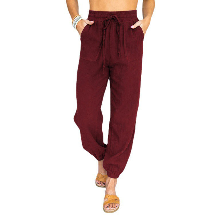 Damen nan leichte Leinenoptik Freizeit-Hose mit hohem elastischem Bund, Kordelzug, aufgesetzten Taschen und elastischen Knöchelbündchen Drune