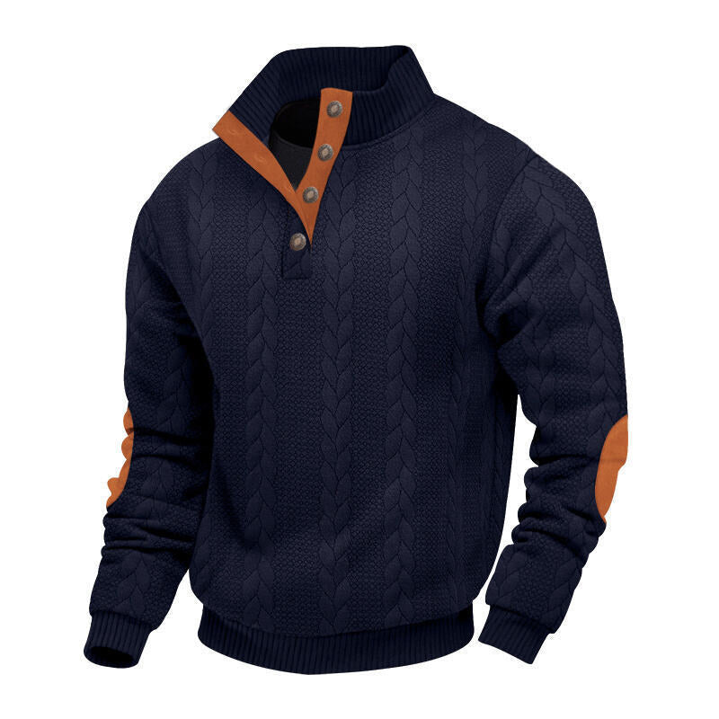 Herren nan Zopfmuster-Pullover mit Stehkragen, halber Knopfleiste und Ellbogenpatches Drune