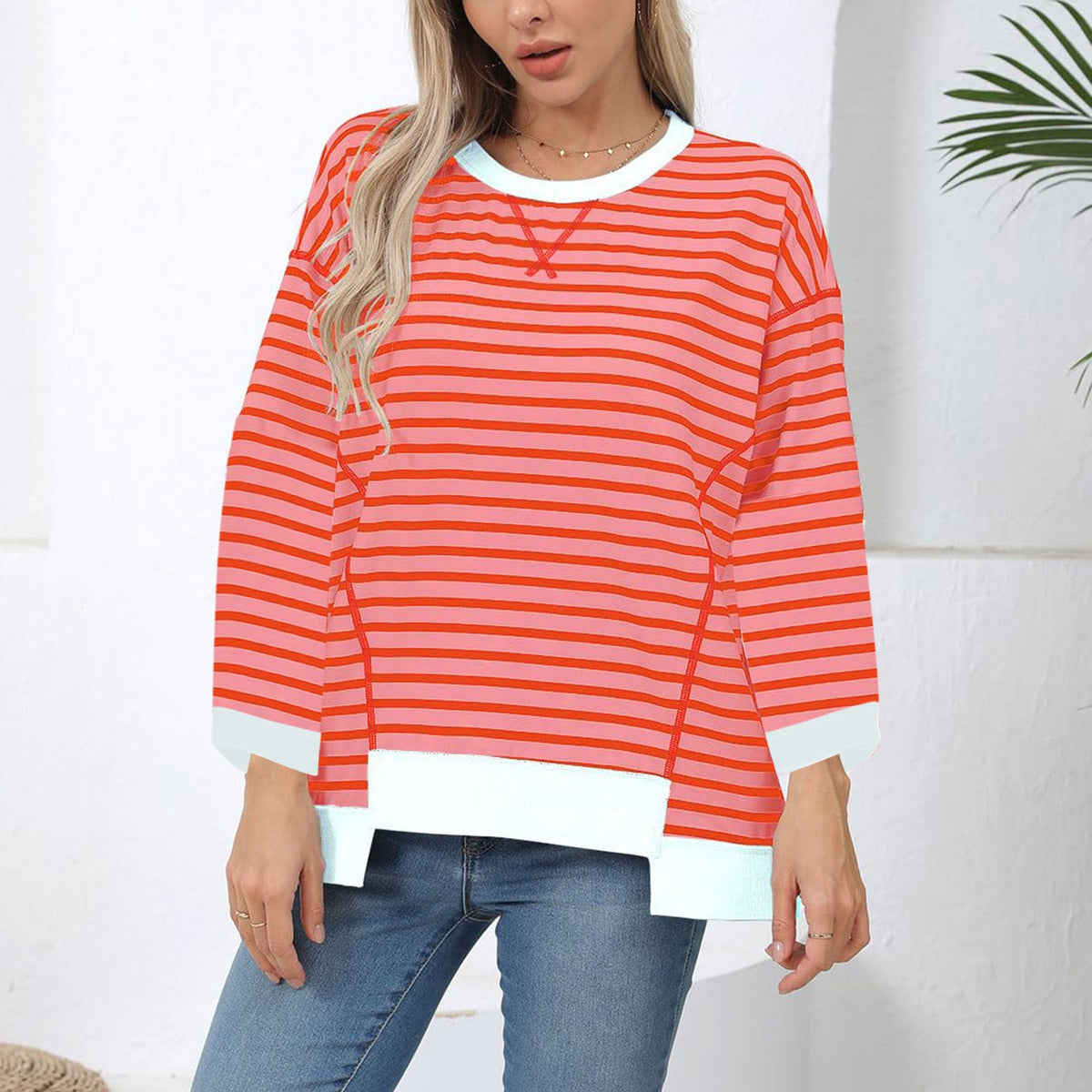 Damen nan oversized gestreifter Sweatshirtpullover mit kontrastsaum, überschnittener Schulter und seitlichen Schlitzen Drune
