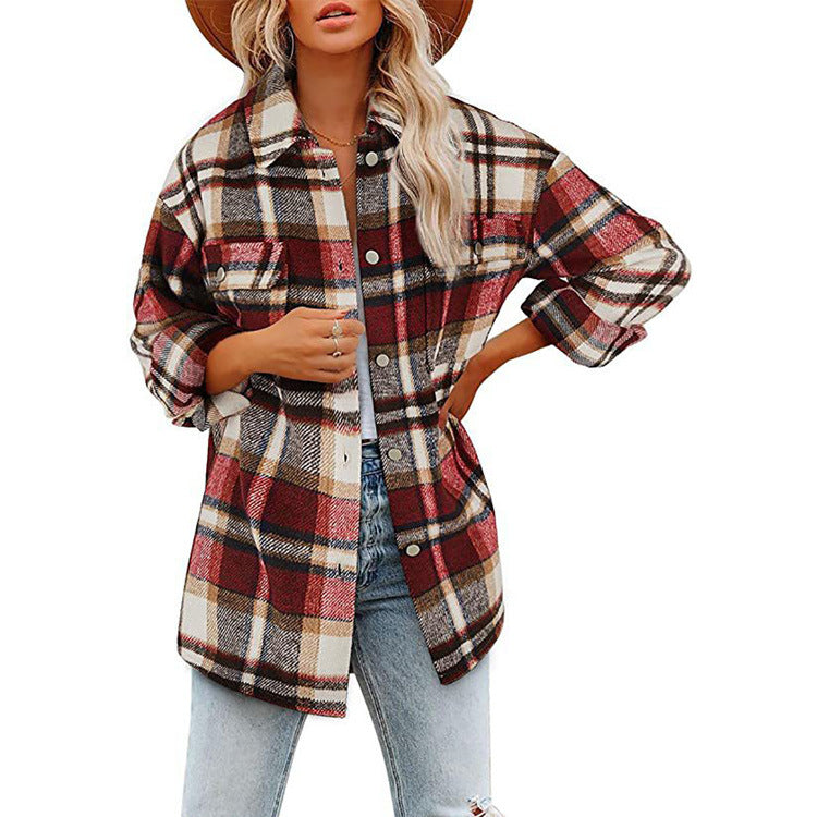 Damen nan karierte Overshirtjacke mit Brusttaschen und lockerer Passform Drune