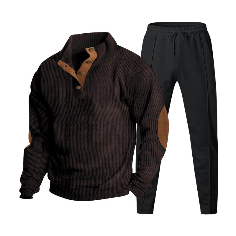 Herren nan strukturiertes Strick-Loungewear-Set mit halber Knopfleiste, kontrastreichen Ellbogenpatches und elastischem Tunnelzug-Jogger Drune