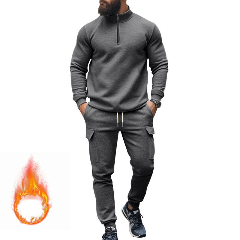 Herren nan Strick-Trainingsset mit halbem Reißverschluss, Zopfmuster-Pulli und Kordelzug-Jogger Drune