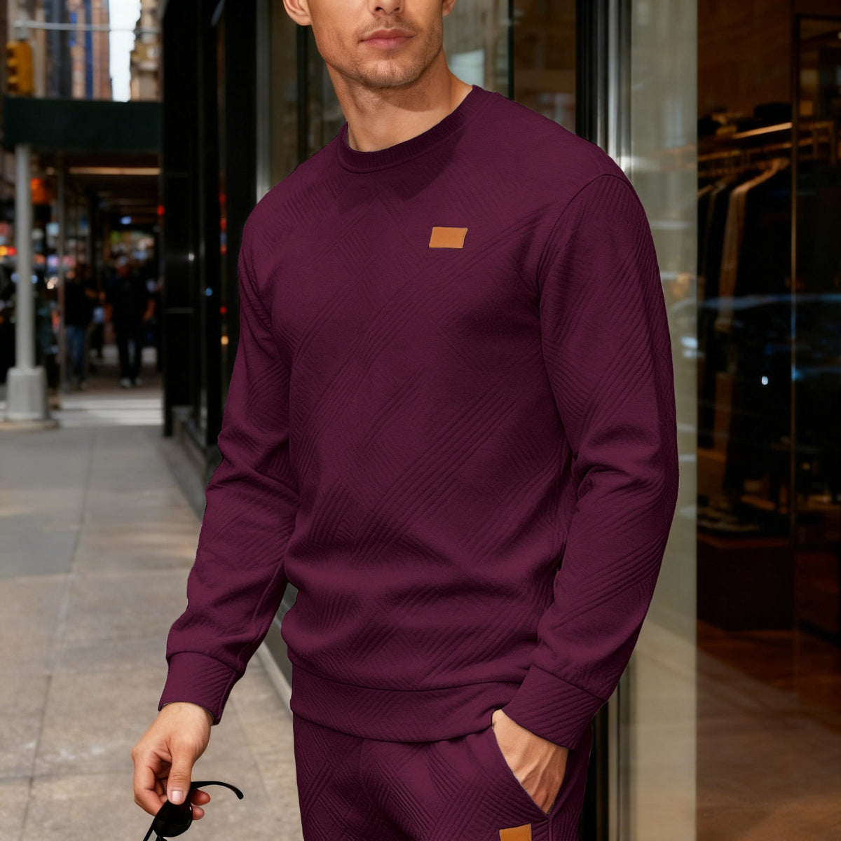 Herren nan strukturierter Baumwollstrickpullover mit Rautenstruktur, Rundhalsausschnitt und elastischen Bündchen Drune