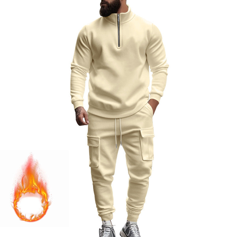 Herren nan Strick-Trainingsset mit halbem Reißverschluss, Zopfmuster-Pulli und Kordelzug-Jogger Drune