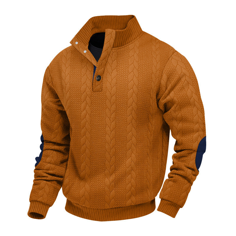 Herren nan Zopfmuster-Pullover mit Stehkragen, halber Knopfleiste und Ellbogenpatches Drune
