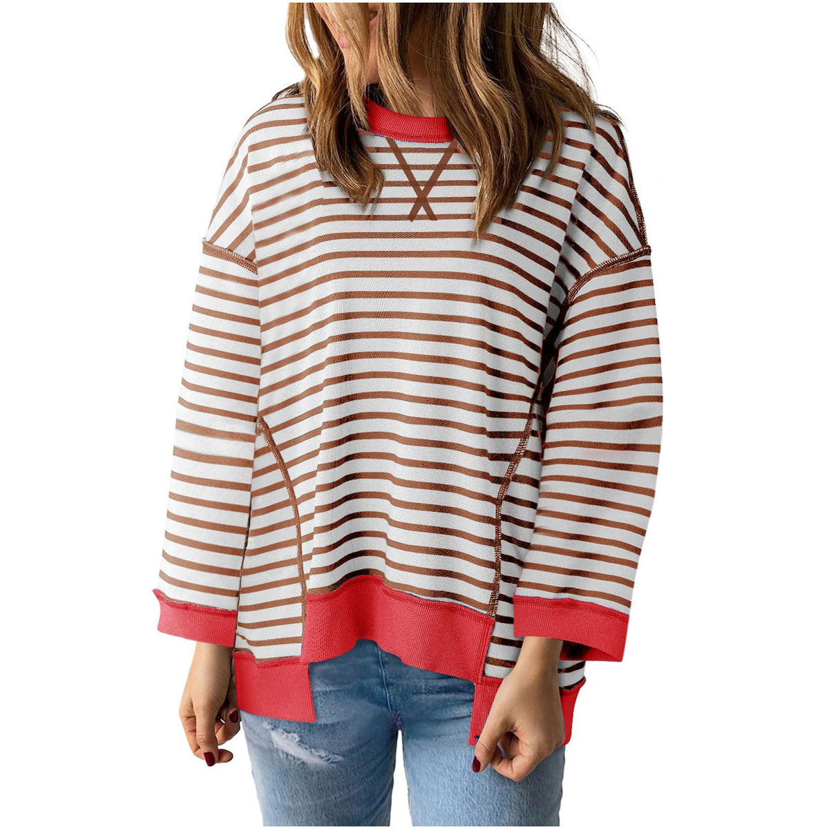 Damen nan oversized gestreifter Sweatshirtpullover mit kontrastsaum, überschnittener Schulter und seitlichen Schlitzen Drune