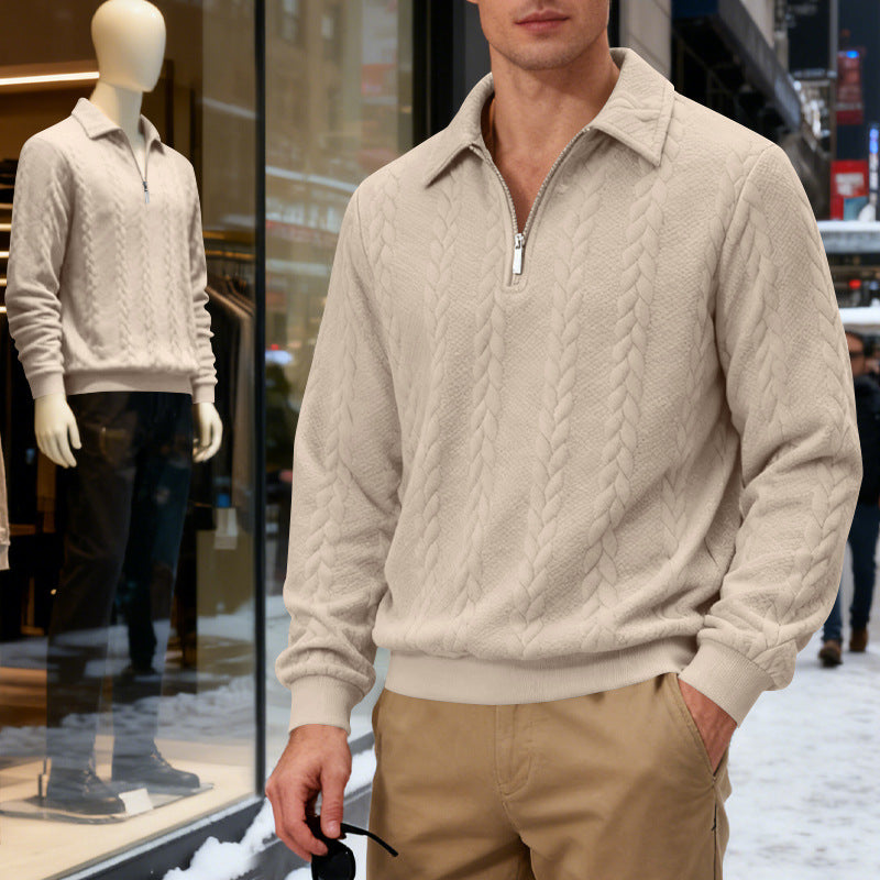 Herren nan strukturierter Strickpullover mit halbem Reißverschluss, Polokragen und Zopfmuster Drune