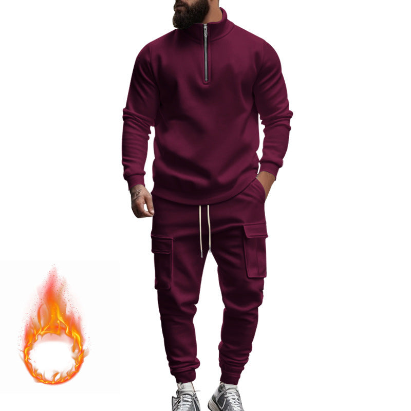 Herren nan Strick-Trainingsset mit halbem Reißverschluss, Zopfmuster-Pulli und Kordelzug-Jogger Drune