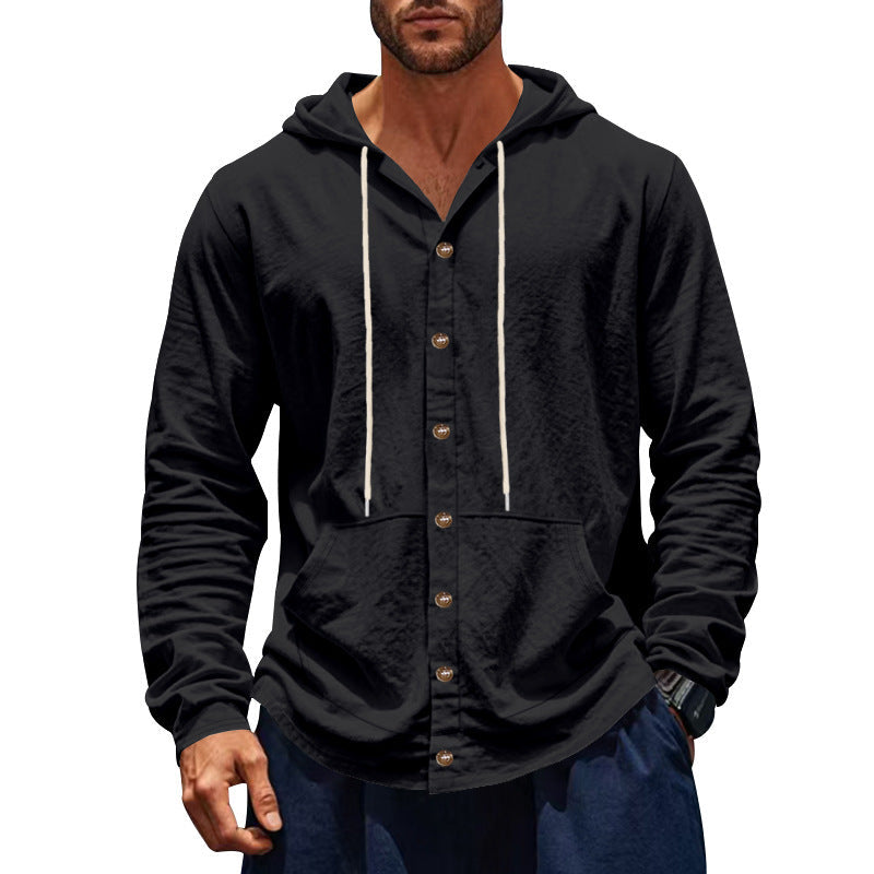 Herren nan figurbetonte Kapuzenhemd-Jacke aus Baumwollmix mit Druckknopfleiste und Kängurutasche Drune