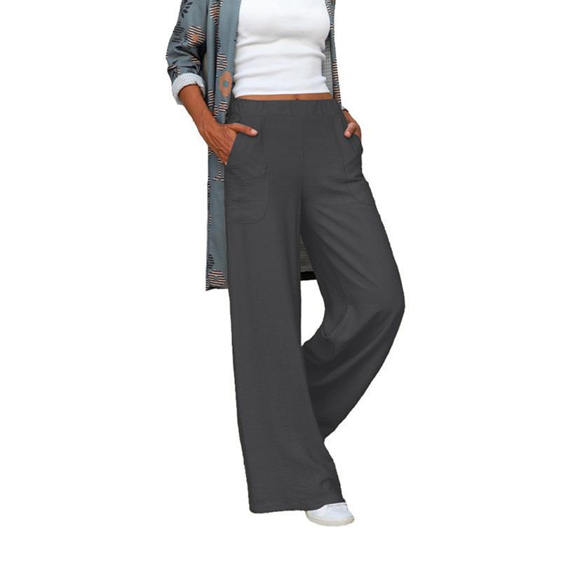 Damen nan weite Leinenmix-Hose mit hohem elastischen Bund und aufgesetzten Seitentaschen Drune