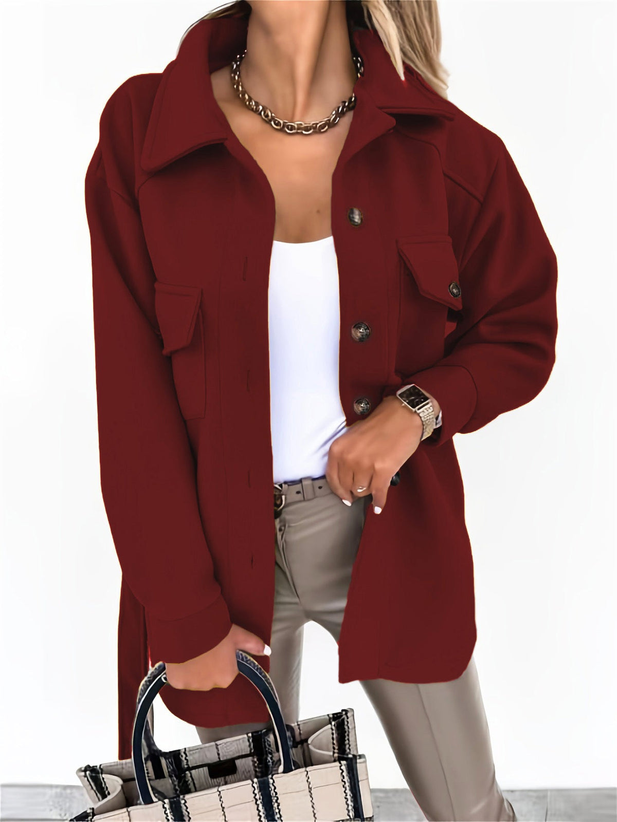 Damen nan oversized Hemdjacke aus Wollmischung mit aufgesetzten Pattentaschen Drune