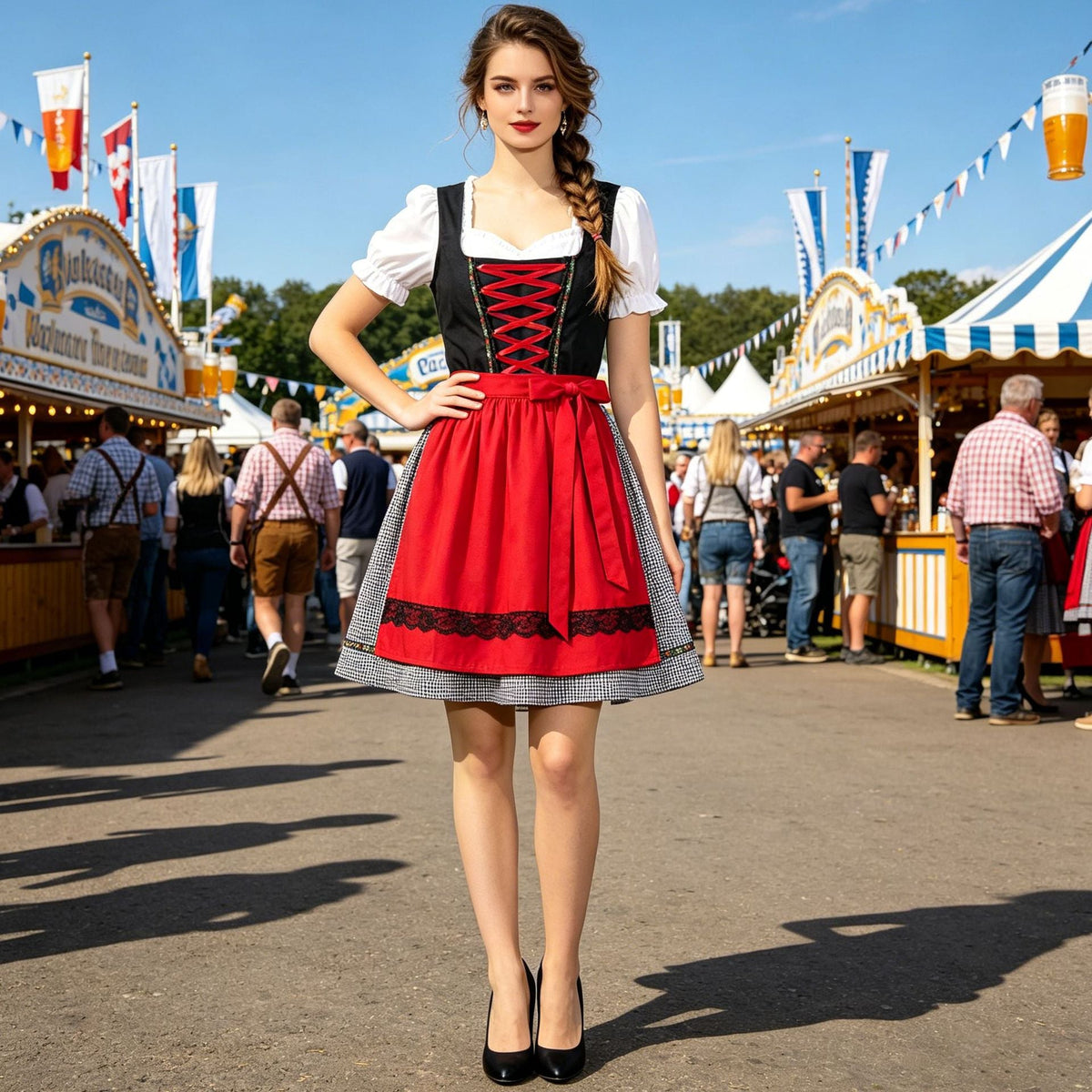 Damen nan kurzes traditionelles Dirndlkleid mit geschnürtem Mieder, Puffärmel-Bluse und aufgesetzter Schürze Drune