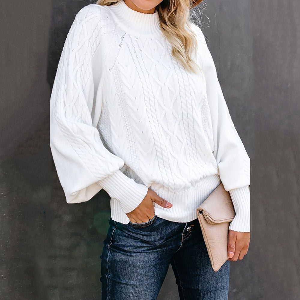 Damen nan Zopfmuster-Strickpullover mit Rollkragen und Ballonärmeln Drune