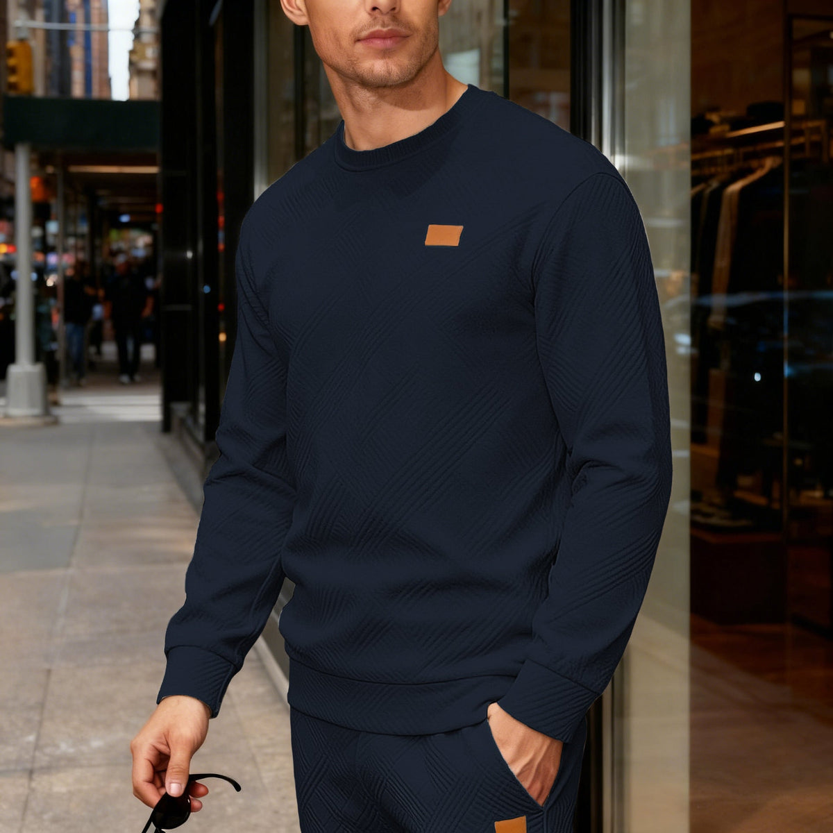 Herren nan strukturierter Baumwollstrickpullover mit Rautenstruktur, Rundhalsausschnitt und elastischen Bündchen Drune