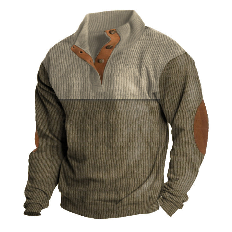 Herren nan rustikaler gerippter Pullover mit Henley-Kragen und lederartigen Ellbogenbesätzen Drune