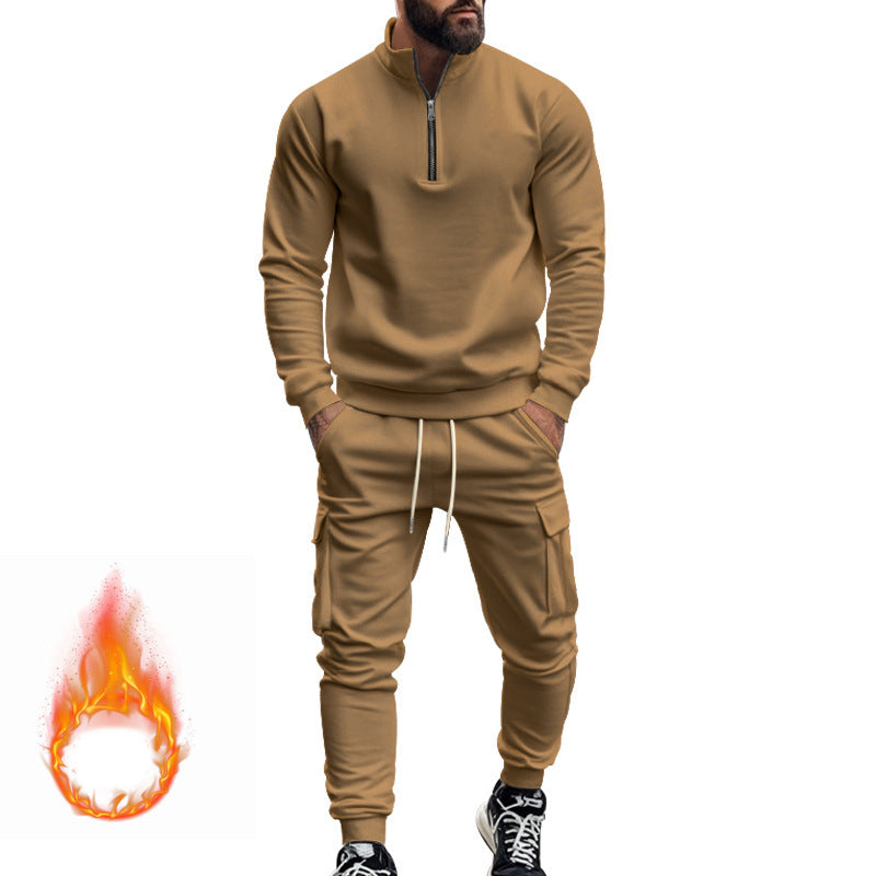 Herren nan Strick-Trainingsset mit halbem Reißverschluss, Zopfmuster-Pulli und Kordelzug-Jogger Drune