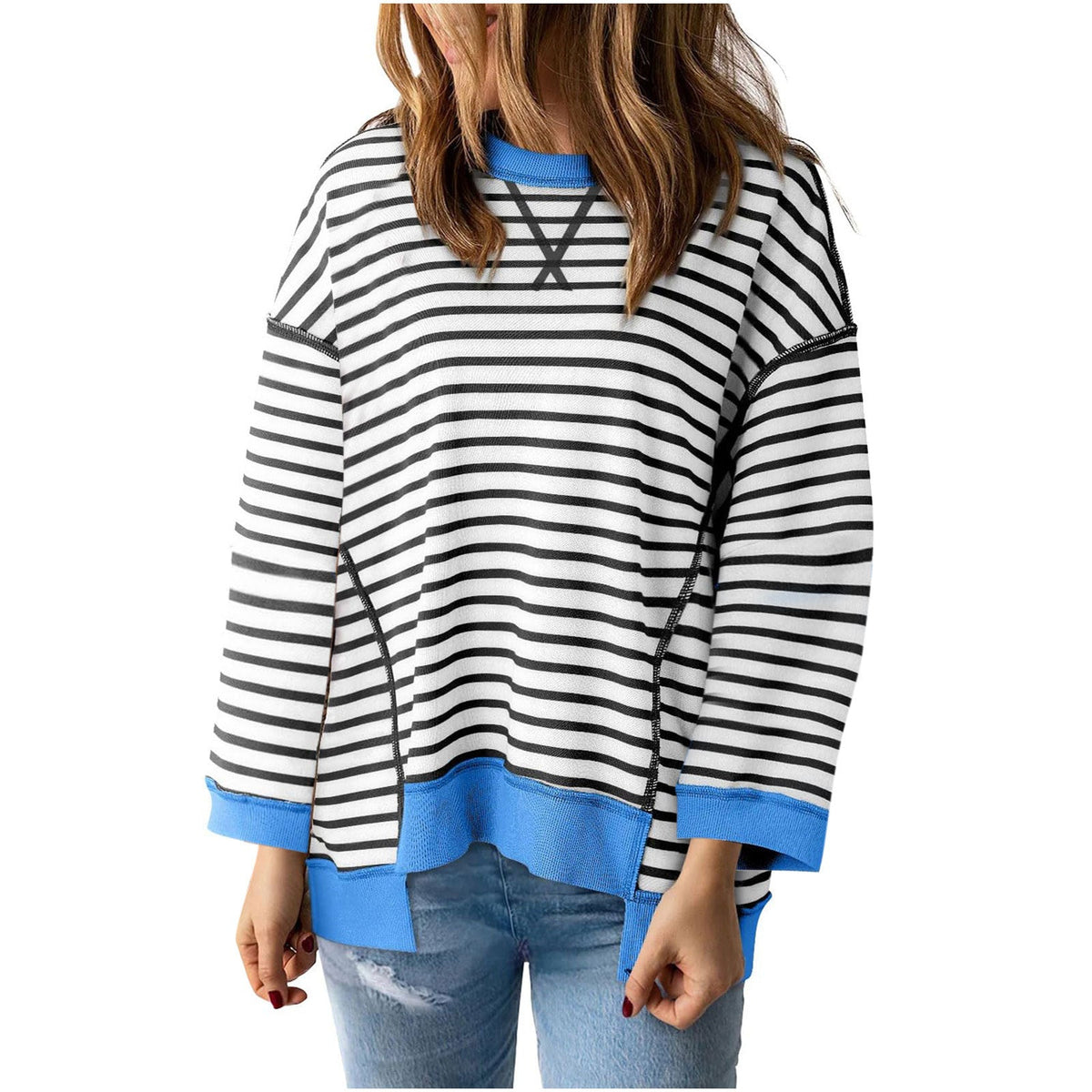 Damen nan oversized gestreifter Sweatshirtpullover mit kontrastsaum, überschnittener Schulter und seitlichen Schlitzen Drune