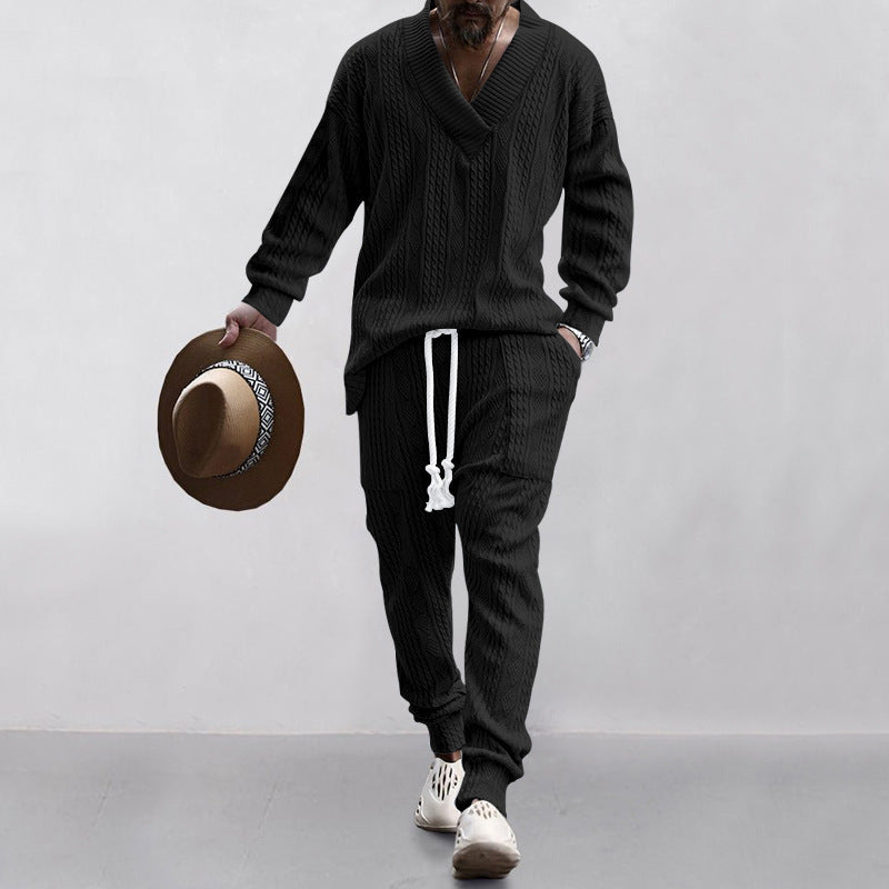 Herren nan gestricktes Lounge-Set mit V-Ausschnitt, Kabelstruktur und Kordelzug-Jogginghose Drune