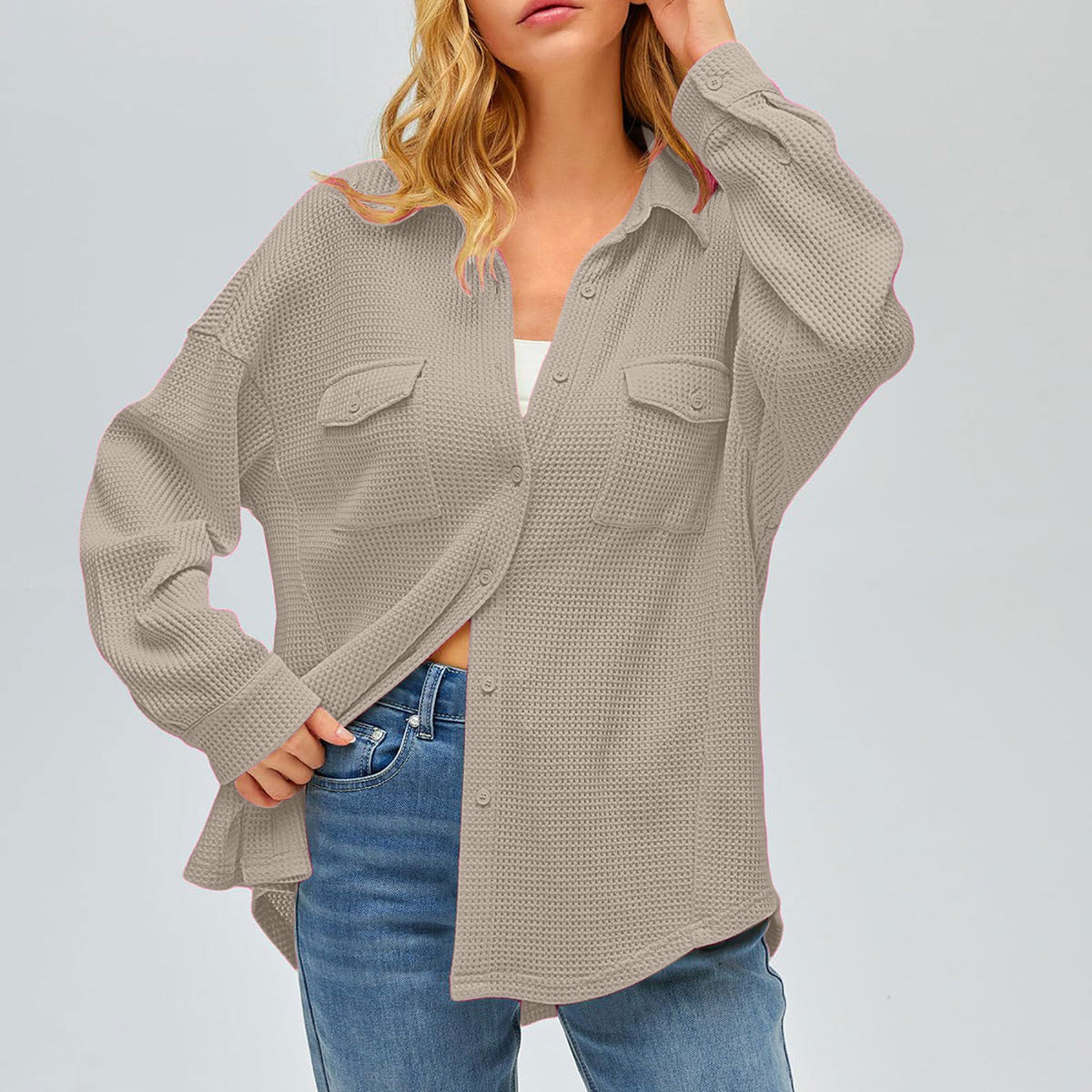 Damen nan oversized Waffelstrick Hemdjacke mit Brusttaschen und Knopfleiste Drune