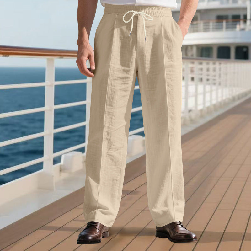 Herren nan elegante Leinenhose mit Bügelfalte Tunnelzugbund und weitem Bein Drune