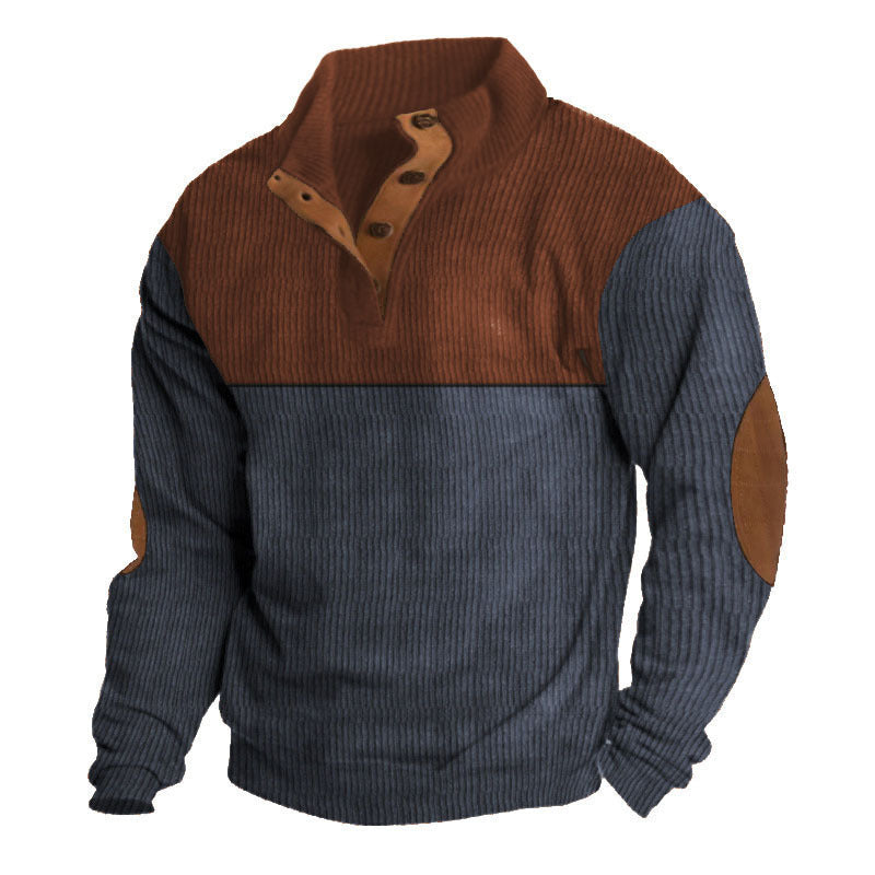 Herren nan strukturiertes Rugby-Pullover mit Stehkragen, Knopfleiste und Leder-Ellenbogenpatches Drune