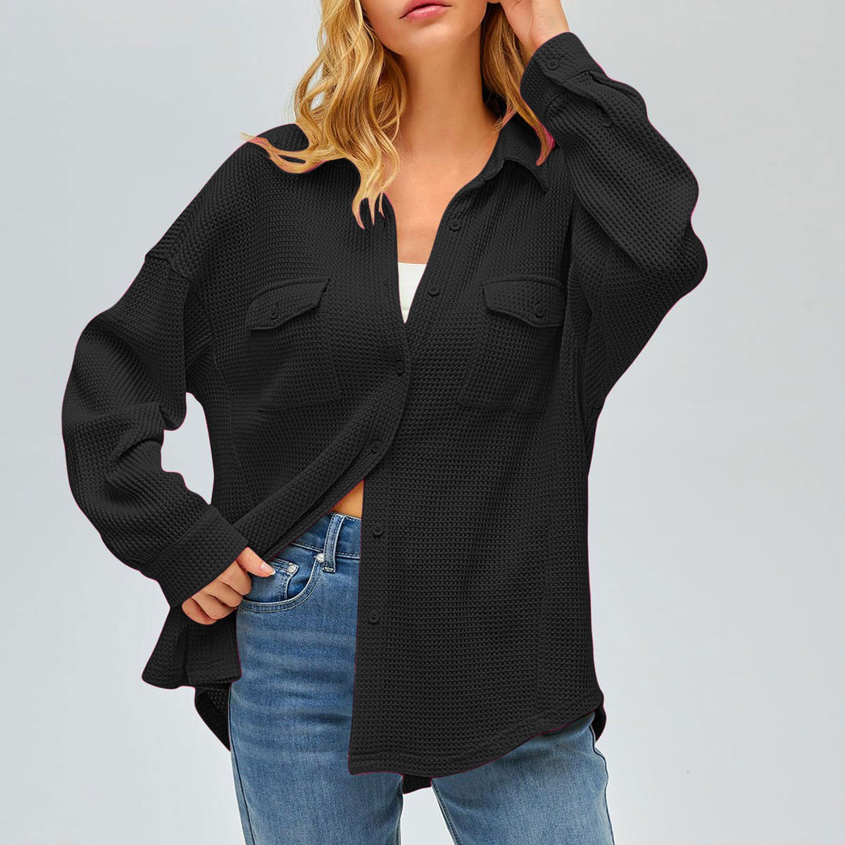 Damen nan oversized Waffelstrick Hemdjacke mit Brusttaschen und Knopfleiste Drune