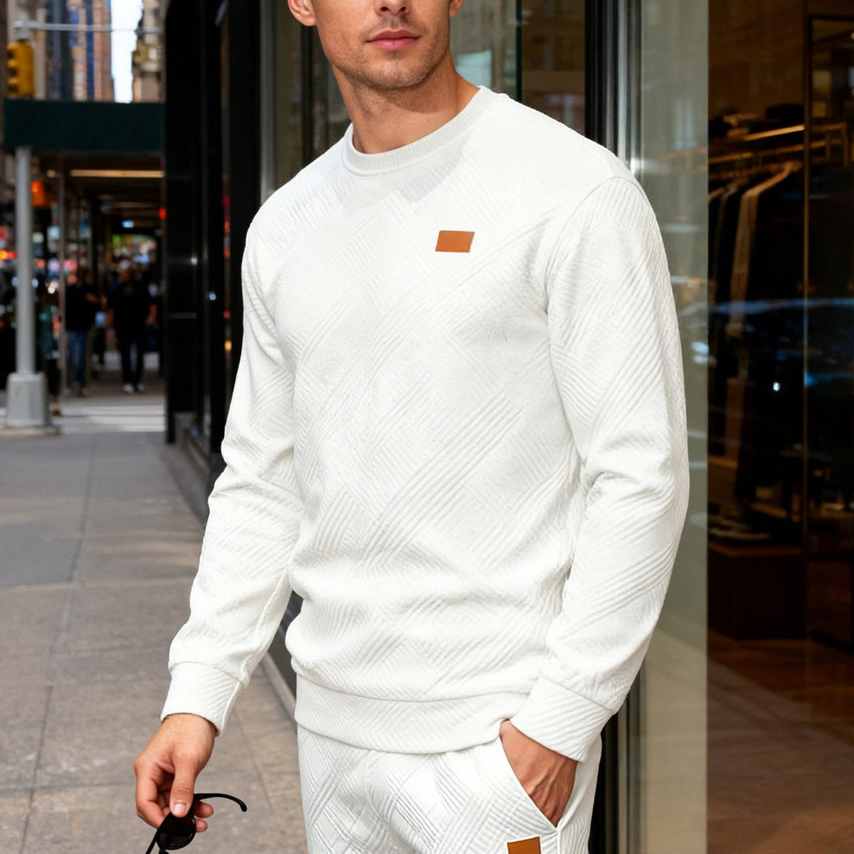 Herren nan strukturierter Baumwollstrickpullover mit Rautenstruktur, Rundhalsausschnitt und elastischen Bündchen Drune