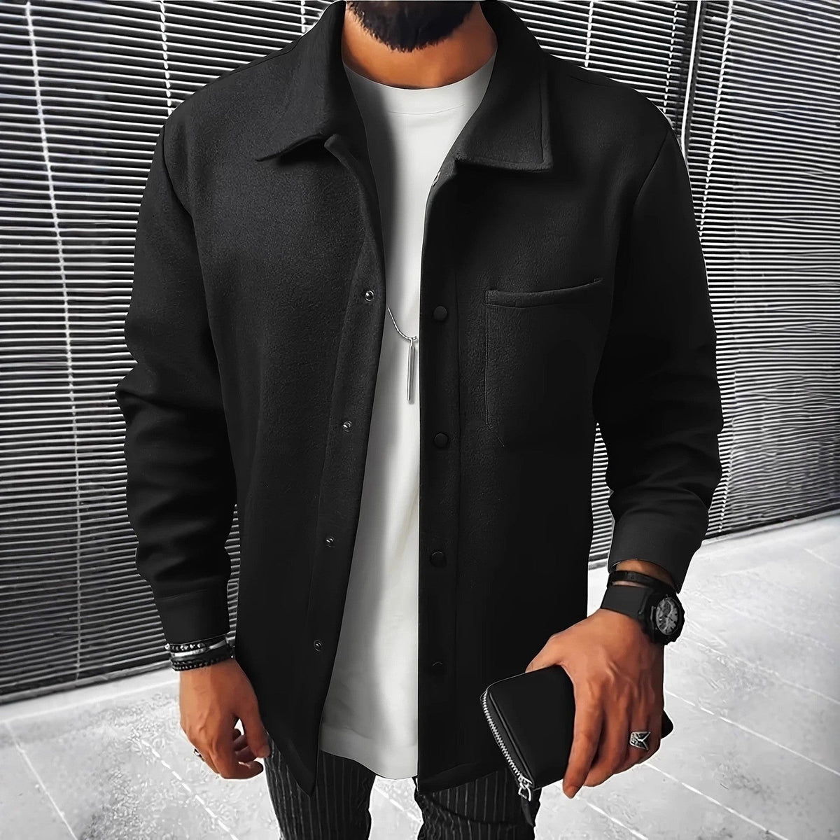 Herren nan minimalistische Hemdjacke aus softem Fleece mit verdeckter Druckknopfleiste und aufgesetzter Brusttasche Drune