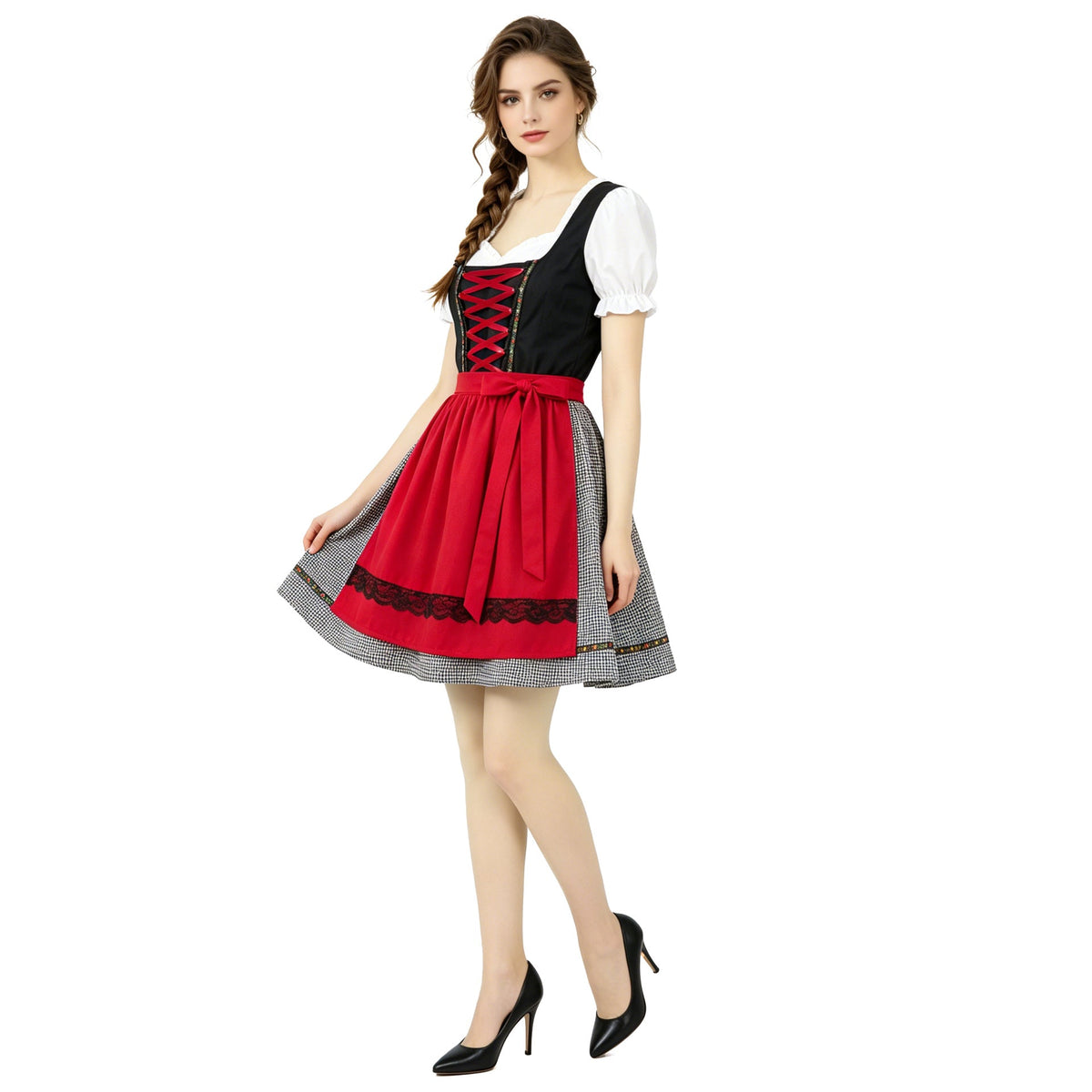Damen nan kurzes traditionelles Dirndlkleid mit geschnürtem Mieder, Puffärmel-Bluse und aufgesetzter Schürze Drune