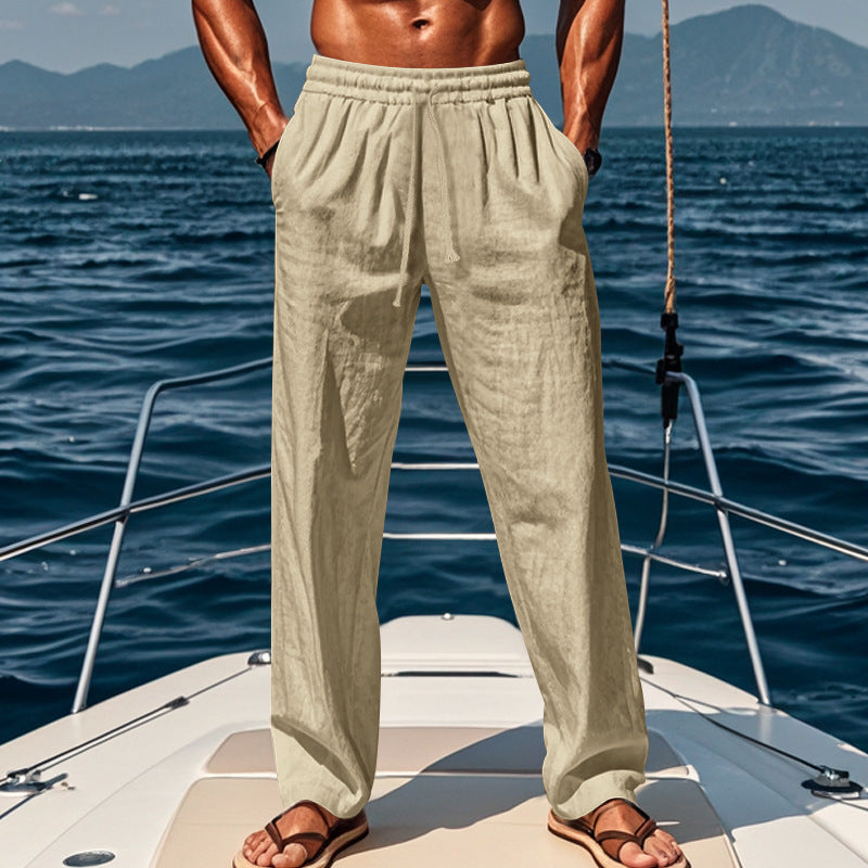 Herren nan maritime Freizeit-Leinenhose mit weitem Bein elastischem Tunnelzug und Bundfalten Drune